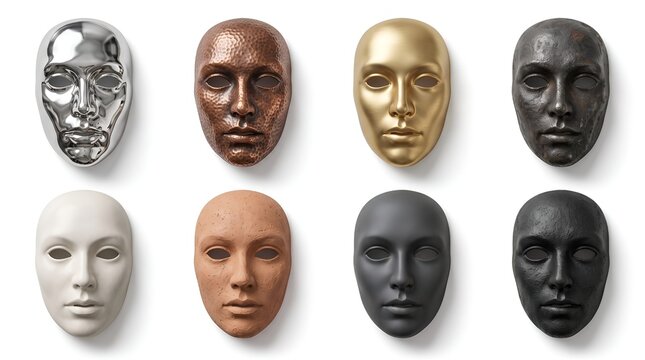Metallic and ceramic human face masks, collection of 8 diverse facial sculptures. Decorative mask set in gold, silver, bronze and stone finishes.