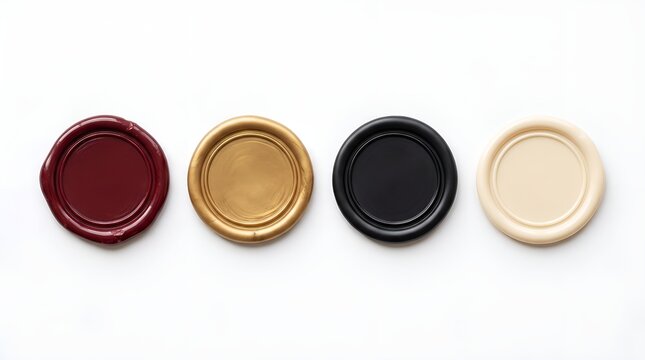 Vintage wax seals in gold, burgundy, black and cream. Elegant wax stamp collection for wedding invitations and stationery branding.
