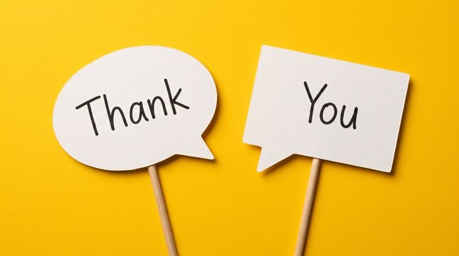 White speech bubbles with Thank You text against a bright yellow background.
