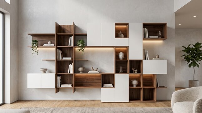 Modern wooden shelving unit with integrated lighting inside a minimalist contemporary living room.