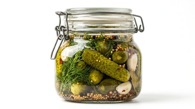 Preserved green cucumber pickle in a glass jar, a crunchy fermented snack prepared with vinegar and brine