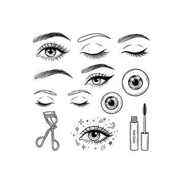 Eye and Makeup Beauty Line Art Illustration Set