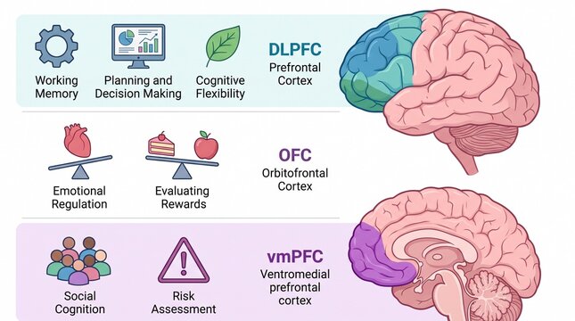 Human prefrontal cortex regions and cognitive functions infographic