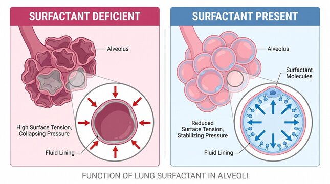 Medical illustration showing lung surfactant function in alveoli