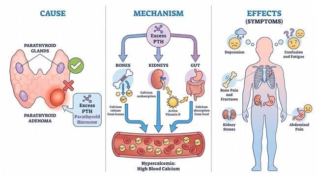 Hyperparathyroidism medical infographic showing cause and symptoms