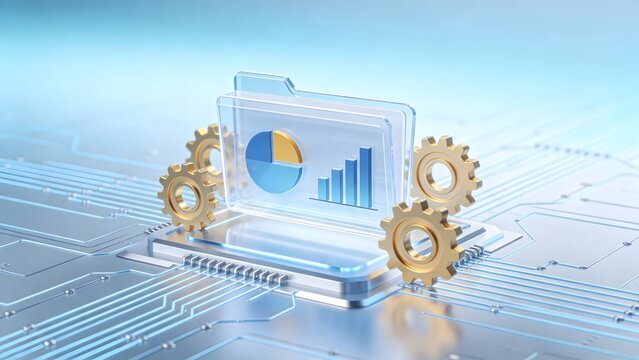 Folder with gears and charts on circuit board