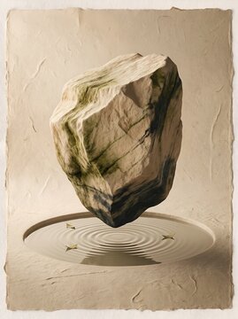 Surreal Floating Stone Above Rippling Water with Fallen Leaves on Textured Paper