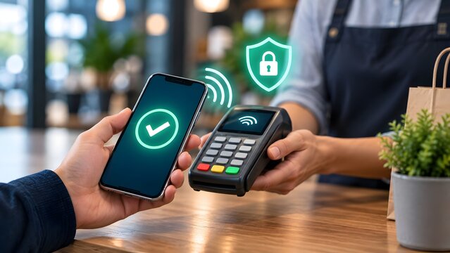 Customer using smartphone digital wallet at pos terminal with glowing security shield icon representing safe contactless payment in retail store