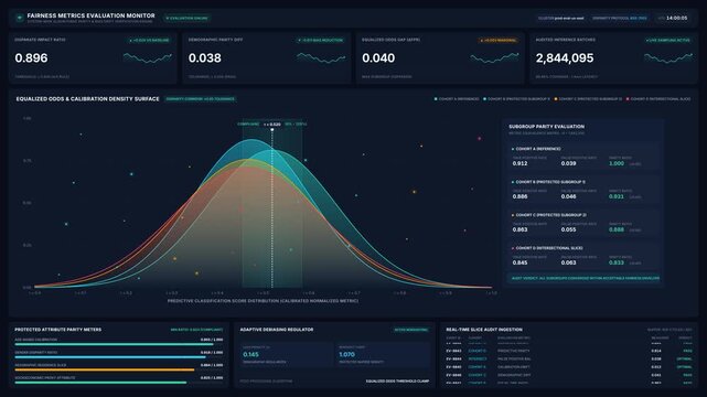 Advanced fairness metrics evaluation monitor dashboard with algorithmic bias data performance indicators, for machine learning quality control, ethical artificial intelligence, software
