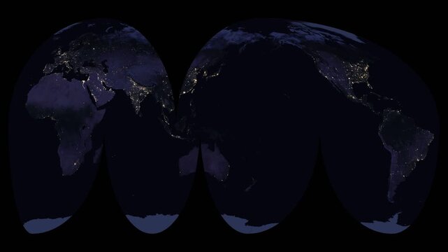 Interrupted Mollweide world map projection. Animated world night lights texture. Goode interrupted Mollweide projection. Elements of this animation derived from NASA imagery.
