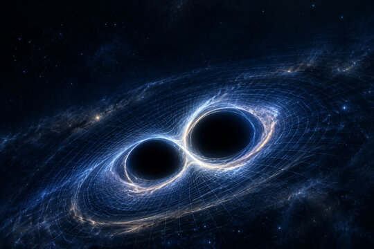 Two black holes merging in deep space with warped spacetime grid, astrophysics and gravitational waves concept