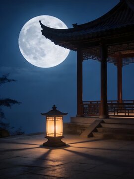 Moonlit pavilion with lantern