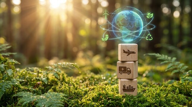 Sustainable logistics and eco-friendly supply chain concept featuring wooden blocks with transport icons and digital earth globe in forest for corporate ESG and green energy marketing.