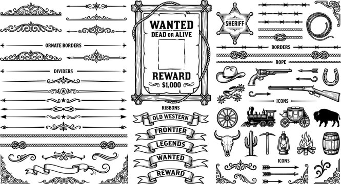 A large collection of old western design elements, embellishment, borders and divider lines.