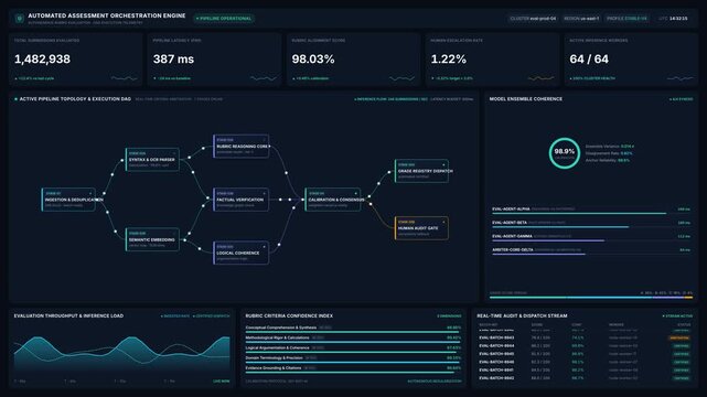 Automated assessment orchestration engine interface with evaluation metrics pipeline operational data, for artificial intelligence workflow management, data analysis, system performance