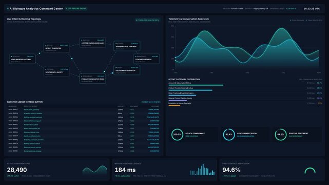 Artificial intelligence dialogue analytics command center dashboard with live intent routing telemetry data, for big data monitoring, automated customer service, machine learning