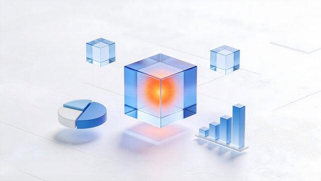 Blue glass cubes and charts on white surface