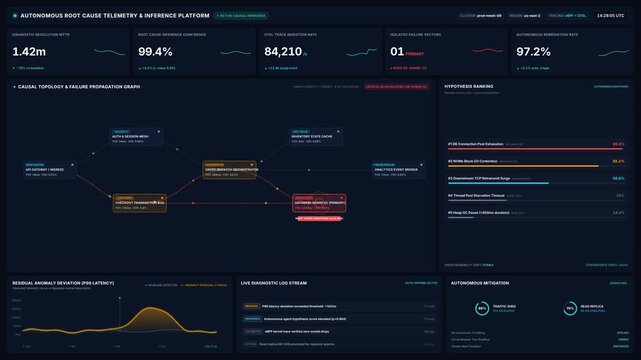 Autonomous root cause telemetry inference platform screen for real time metrics, charts, system diagnostics, for artificial intelligence operations, data analytics, cloud monitoring