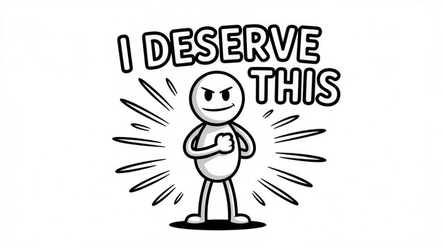 Doodle style illustration of a confident figure with 'I Deserve This' text on white background.