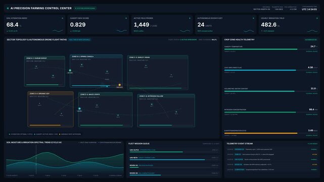 Futuristic precision farming control center interface with live soil moisture drone flight paths, for advanced agricultural technology, automated crop management, smart data analytics