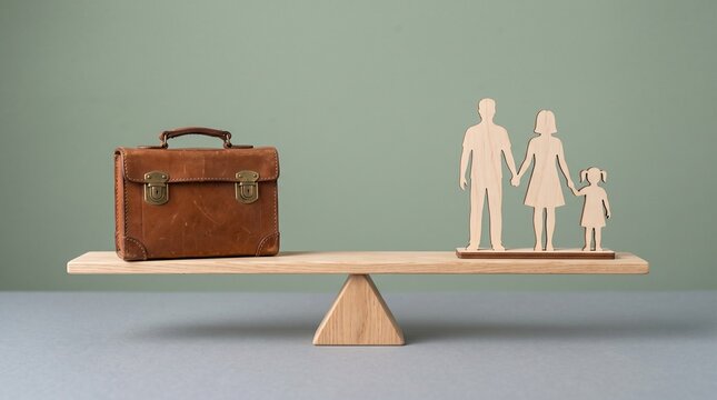 Wooden family figures and leather briefcase balancing on a wooden seesaw scale representing work life balance concept