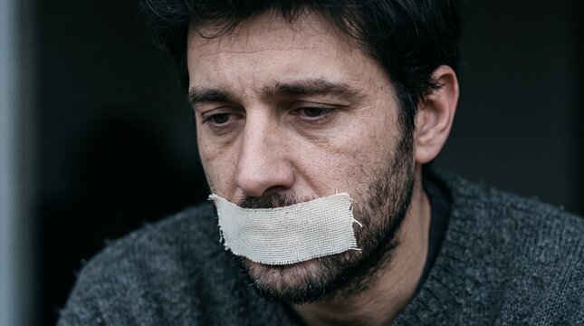 Sad middle aged man with white adhesive tape covering mouth representing censorship and freedom of speech suppression