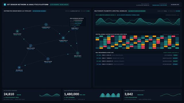 Iot sensor network ai analytics platform with mesh topology telemetry data, for big data processing, cloud computing, machine learning, smart city infrastructure management