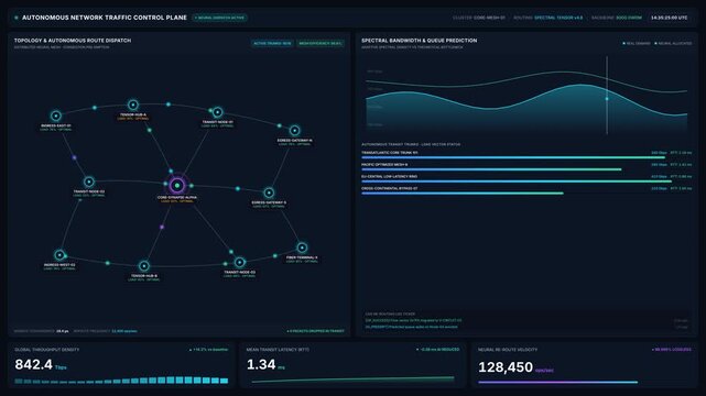 Autonomous network traffic control plane interface for data nodes spectral bandwidth queue prediction, for digital communication, global connectivity, cyber security, big data management