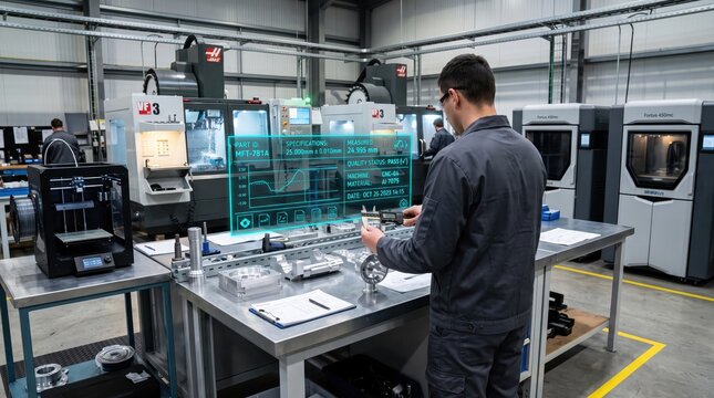 Engineer monitoring manufacturing process with augmented reality holographic display in smart factory, checking quality control data and specifications on digital screen.