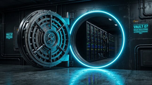 Heavy steel vault door opened to reveal secure server racks in a high tech data center storage room