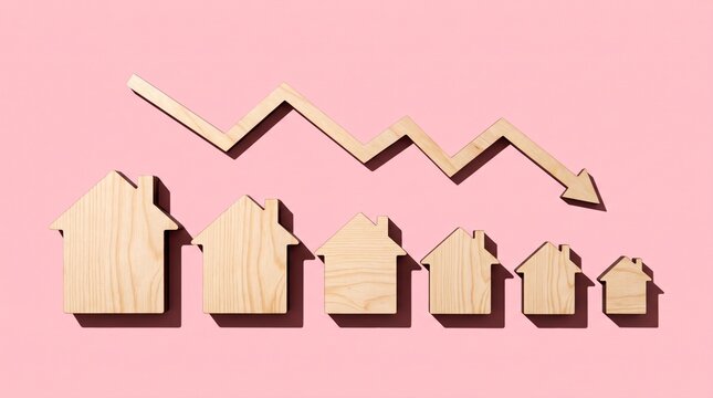 Wooden houses in descending size with downward trend arrow representing real estate market crash and falling property prices on pink background