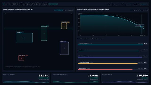 Object detection accuracy evaluation control plane monitoring bounding telemetry metrics performance charts, for artificial intelligence analytics, machine learning validation, system