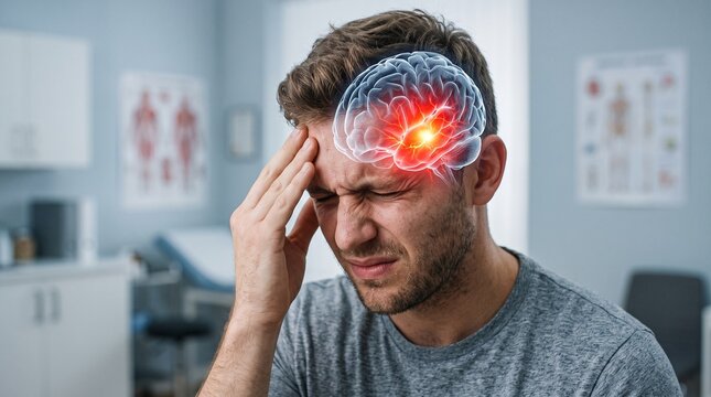 Young man suffering from severe migraine headache with glowing brain inflammation visual concept in medical examination room