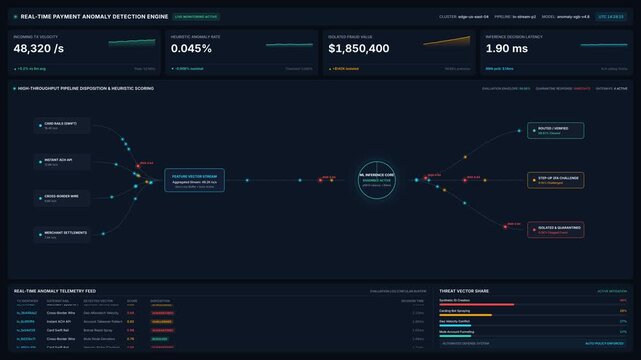Real-time payment anomaly detection engine dashboard interface, for data analytics, cybersecurity, financial technology, fraud prevention, network monitoring, system operations