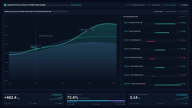 Quantitative alpha attribution engine screen for multi factor breakdown live market data analytics