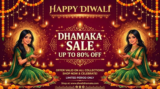 Diwali dhamaka sale banner with woman in traditional indian attire