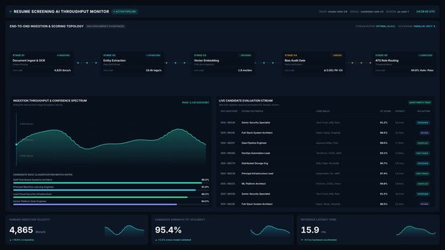 Dashboard with real-time resume screening candidate evaluation metrics, for ai-powered recruitment, automated hiring processes, data analytics in modern human resources management