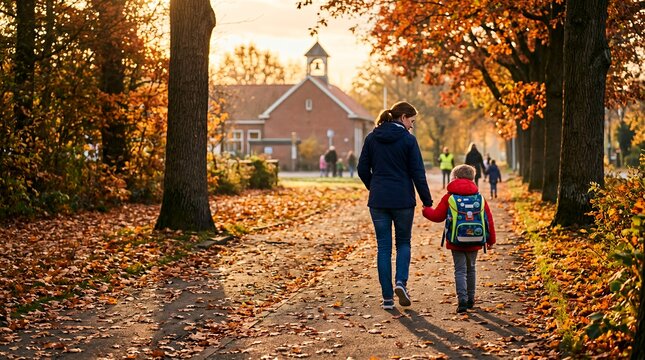 Mother and child walking hand in hand on a sunny autumn path by school.