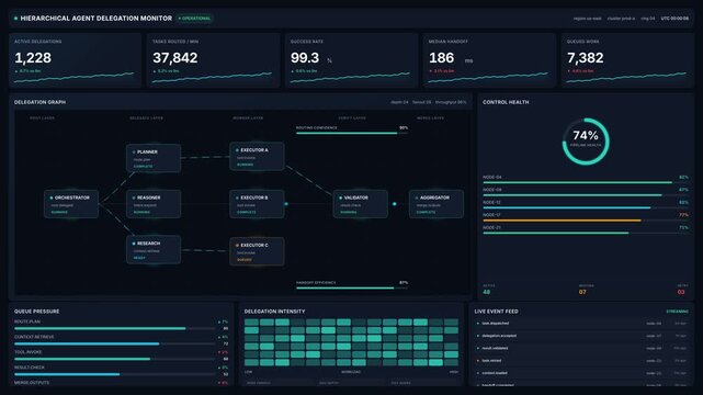 Futuristic artificial intelligence delegation monitor dashboard interface, for digital automation, data analytics, automated agent workflow management, modern software development system