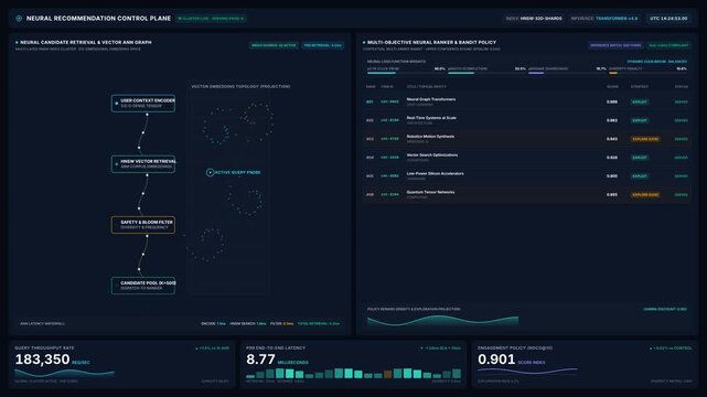 Neural network candidate retrieval vector embedding topology projection dashboard, for artificial intelligence data processing, machine learning analytics, automated decision making