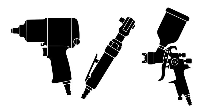Pneumatic air tools set featuring impact wrench and spray gun heavy duty pneumatic compressed mechanical workshop maintenance automotive