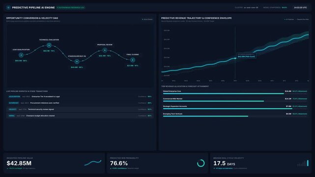 Predictive pipeline ai engine dashboard with sales conversion revenue trajectory metrics, for business intelligence, financial analysis, corporate data strategy, enterprise performance