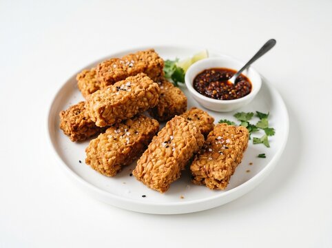 Golden fried tempeh sticks arranged on a plate with chili sauce and fresh cilantro garnish