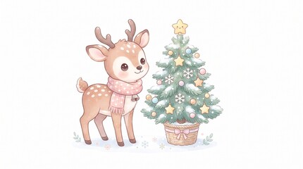 Fototapeta premium Baby deer beside evergreen tree