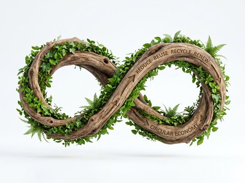 Infinity symbol made of wood and green leaves representing the concept of a circular economy and recycling