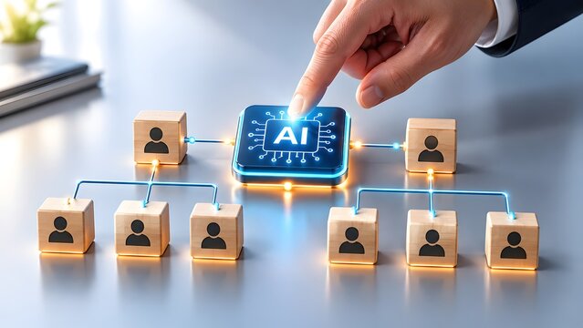 Businessman touching glowing artificial intelligence chip connected to network of human employee wooden blocks. Concept of automated workforce management and synergistic disruptive innovation.