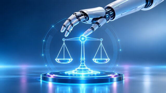 Robotic hand interacting with a glowing digital scale of justice in a futuristic blue environment. Concept of artificial intelligence law regulation and esg compliance ethics.