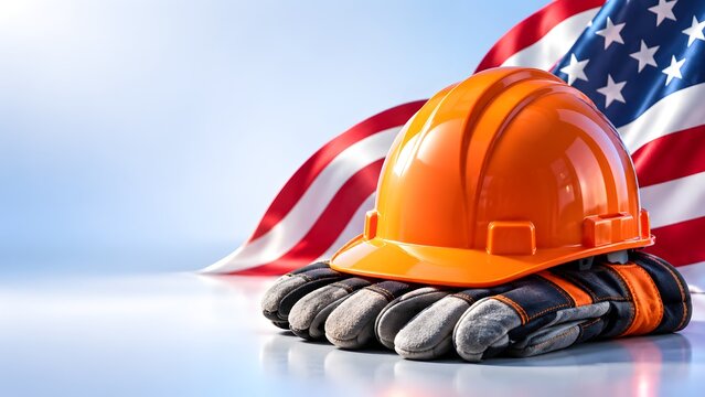 Orange construction hard hat and leather work gloves resting against an american flag background. Concept of national infrastructure development and corporate labor duty.