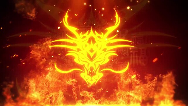 Stylized tribal dragon head logo glowing in fiery flames with embers and Chinese characters in background
