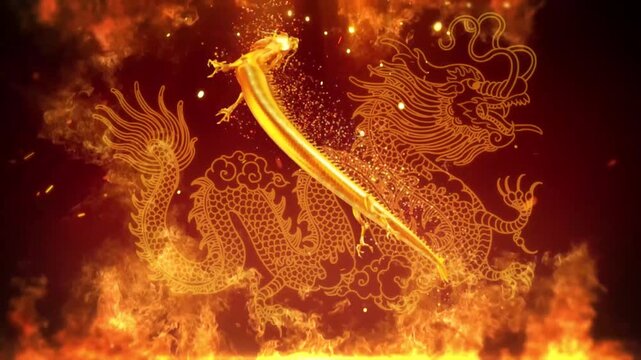 Golden Chinese dragon illustration emerging from flames with glowing particles and smoke, stylized mythical creature animation